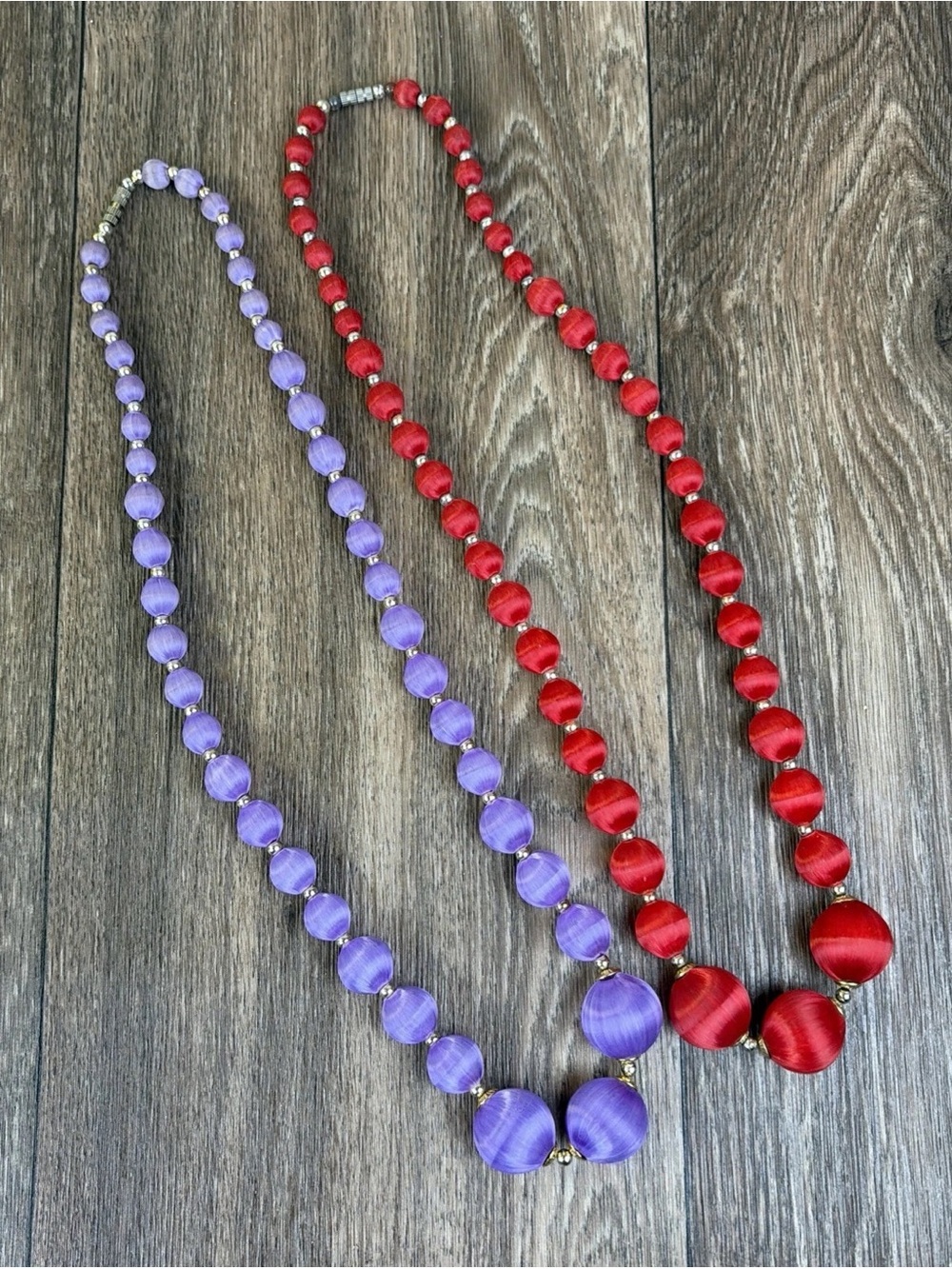 Set of 2 Silk Satin Thread Covered Round Beaded 25” Retro Necklace Red Lavender